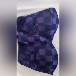 Royal blue checker print lace up back cropped corset top